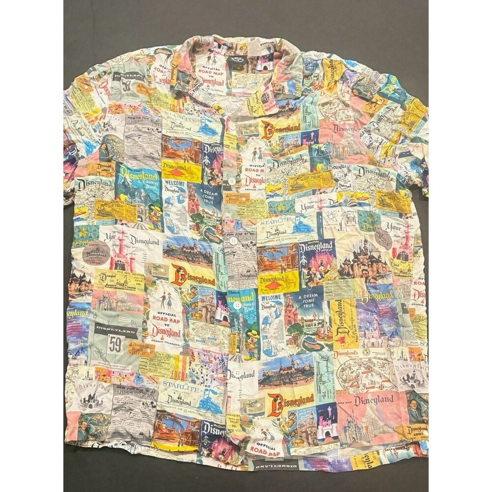 Disney Park 100 Disneyland Button Short Sleeve Viscose Sz XXL 2XL Collage AOO